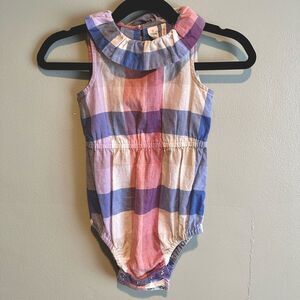 J.Crew Ruffle Neck Bodysuit Red Blue Plaid One Piece Size 6-12 Month 100% Cotton